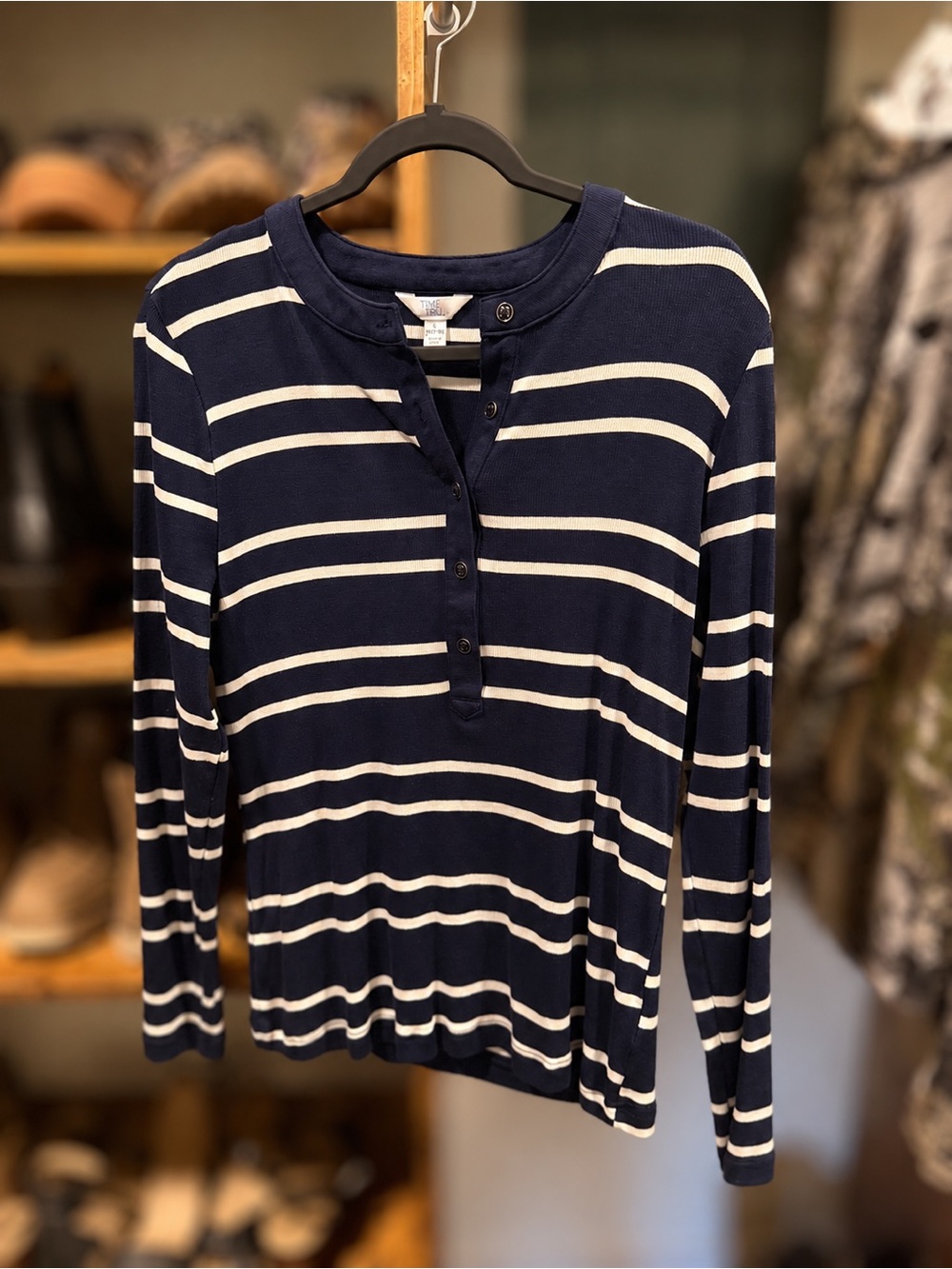 Time and Tru Navy and White Striped Long Sleeve Henley Tee